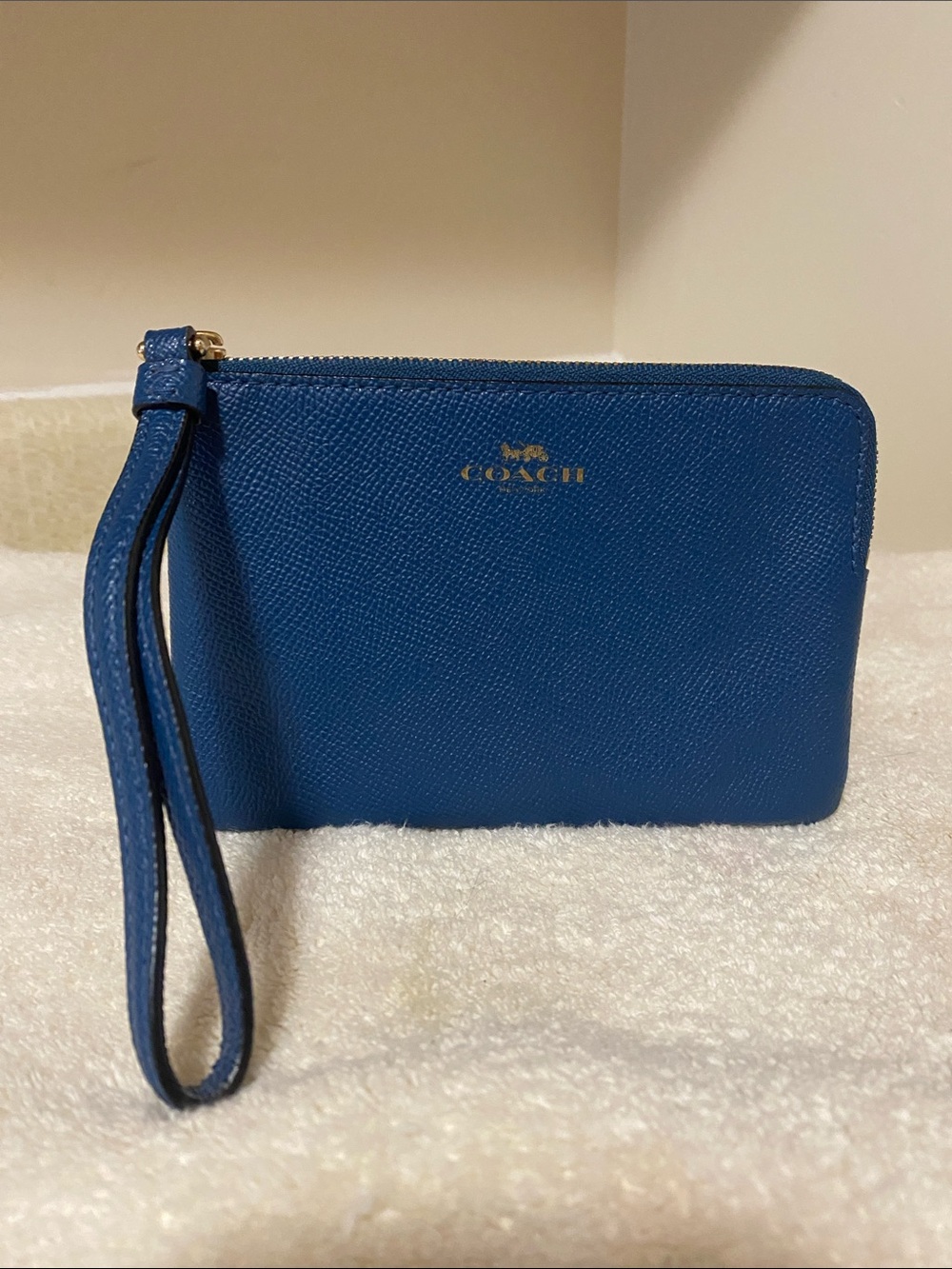 Coach Royal Blue Leather Wristlet Clutch with Gold Logo